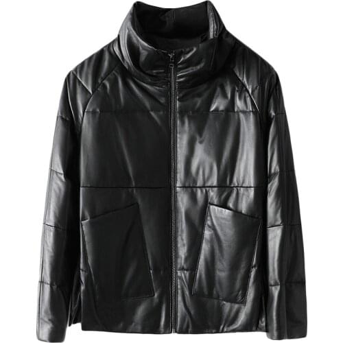 Black Zipper Sheepskin Down Jacket Winter Casual Fashion Genuine Leather Jackets with Pockets Women Winter Clothes Coat