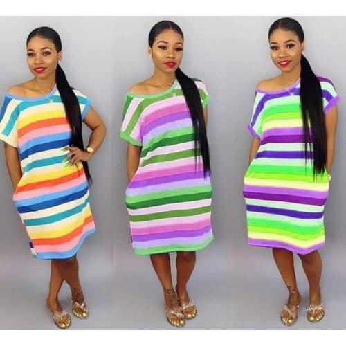 Summer Cute Sweet Girl Dress Rainbow Stripe Print Loose Round Neck Short Sleeve Knee Dress Outfit Pocket 3 Colors casual striped
