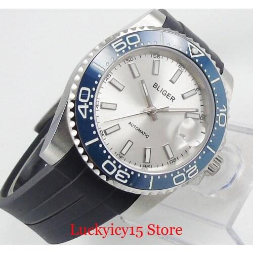 Fashional BLIGER Men Wristwatch Silver Color Dial MIYOTA Movement Ceramic Bezel Rubber Strap 40mm Silver Case