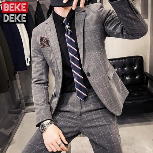 England Style Men Business Casual Blazer 3 Pieces Set Vintage Plaid Slim Single Button Wedding Suit Jackets Shirts Pants Set
