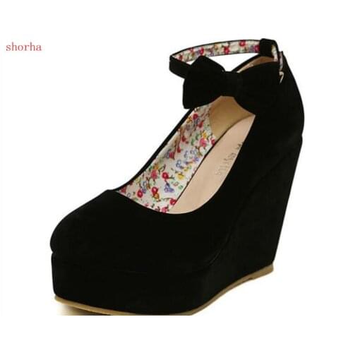 New hot Women High Heels Shoes Plus Size Platform Wedges Female Pumps Elegant Flock Buckle Bowtie Ankle Strap Party Wedding Shoe