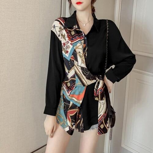 Autumn new printed shirt stitching irregular lace-up blouse long-sleeved mid-length blouse female trend