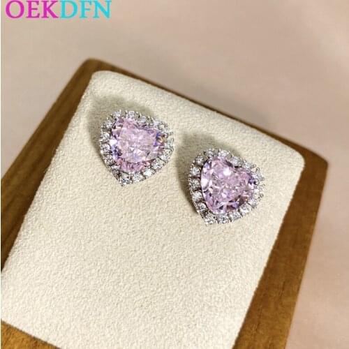 OEKDFN Pure 925 Sterling Silver Stud Earrings For Women Cut Pink Sparkling 8*8MM Zircon Gemstone Party Wedding Fine Jewelry