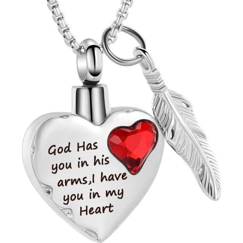 God Has You In My Arms,I Have You In My Heart Stainless Steel Cremation Necklace Urn Jewelry For Ashes With Feather Charm