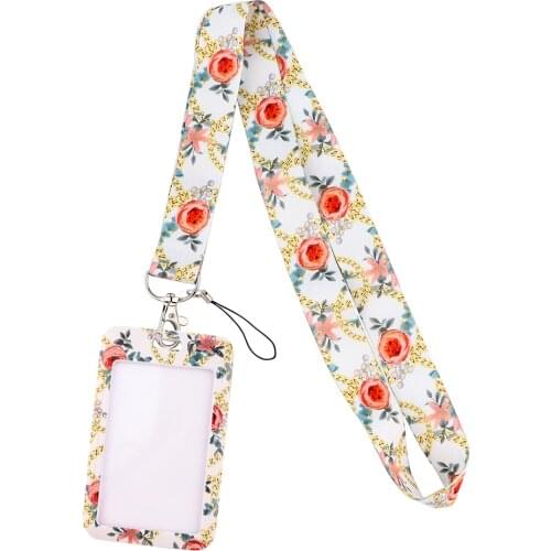 DZ2368 Rose flower Lanyard For Keychain ID Card Cover Pass student Mobile Phone USB Badge Holder Key Ring Accessories