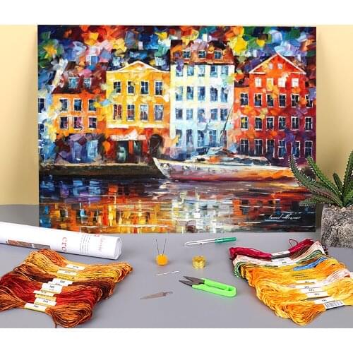 Oil Style Normandy Printed Fabric 11CT Cross-Stitch DIY Embroidery Full Kit DMC Threads Handiwork Hobby Floss