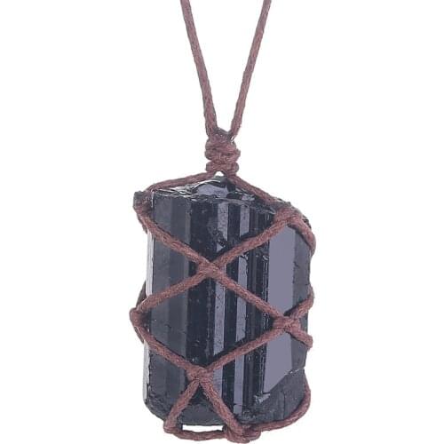 Natural Stone Rope Wrap Black Tourmaline Necklace for Women Men Polished Irregular Hand Braided Anti-Radiation Energy Pendant