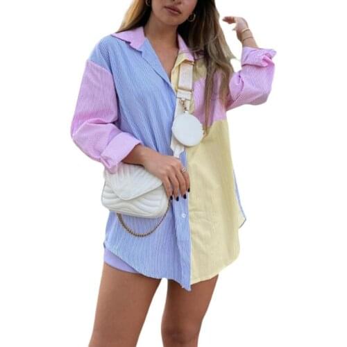 Women’s Button Down Oversized Shirts, Long Sleeve Striped Print Color Block Loose Tops
