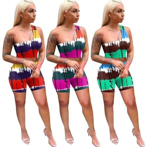 2021 Summer Women Print set Sleeveless One shoulder Crop Tops and Biker Short Two Piece Sets Casual Fashion Sexy Streetwear Suit