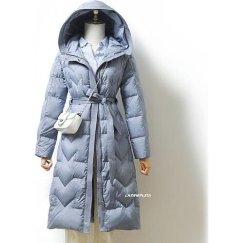 2021 Elegant Womens Down Jacket Hooded Autumn Winter Long White Duck Down Coat Puffer Jacket Ultra Light Down Jackets With Belt