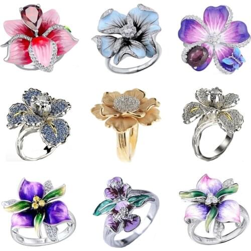 Trendy Multi-style Multi-color Zircon Red Princess Cut Crystal Flower Ring for Women Wedding Party Jewelry Whole Sale