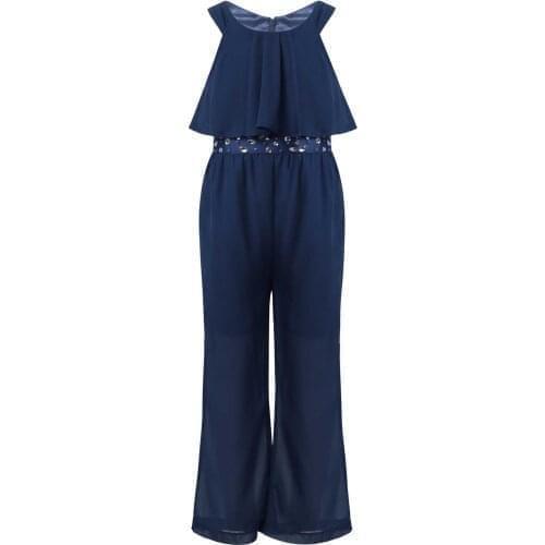 2021 Kids Girls Dance Set Casual 2pcs Outfits Chiffon Sleeveless Zipper Sparkly Rhinestone High Waist Wide Leg Jumpsuit Bodysuit