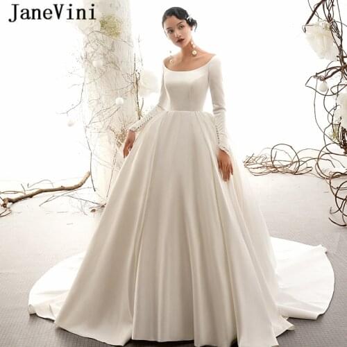 JaneVini Vintage Long Sleeves Wedding Dresses 2019 Scoop Neck Appliques Satin Court Train Luxury Bridal Gowns Vestido De Noiva