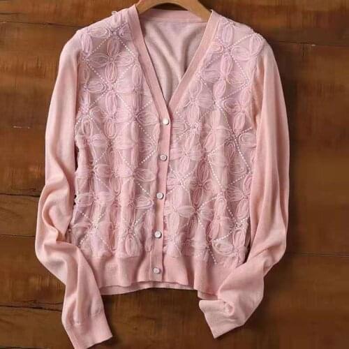 2021 Autumn Fashion Cardigans High Quality Women V-Neck Appliques Lace Beading Deco Casual Knitted Cardigan Pink White Apricot
