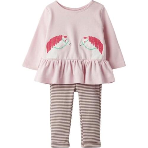 Childrens Sets New Autumn Cotton Baby Girl Clothes Toddler Set Brand Long Sleeve Horse Applique Pink Shirt + Striped Pants
