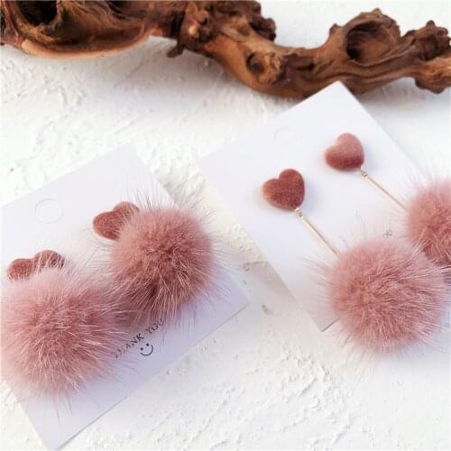 Korean Japan Cute Pink Hairball Earrings for Women Female Gold Color Chain Heart Long Dangle Earrings Statement Party Jewelry