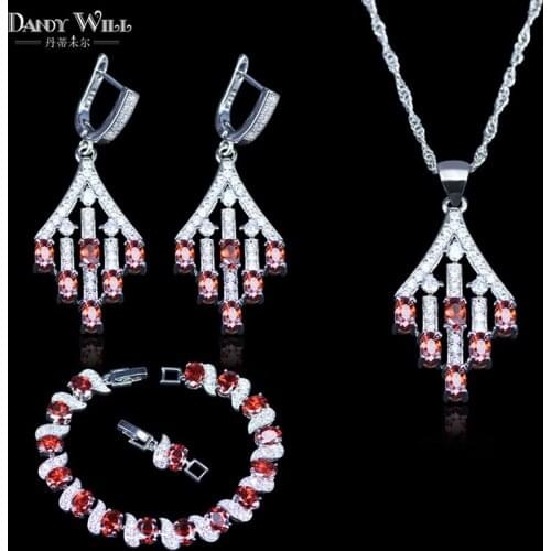 Royal Red Cubic Zircon Silver Color Jewelry Sets For Women Earring Pendant Necklace Bracelet Best Wedding Jewelry
