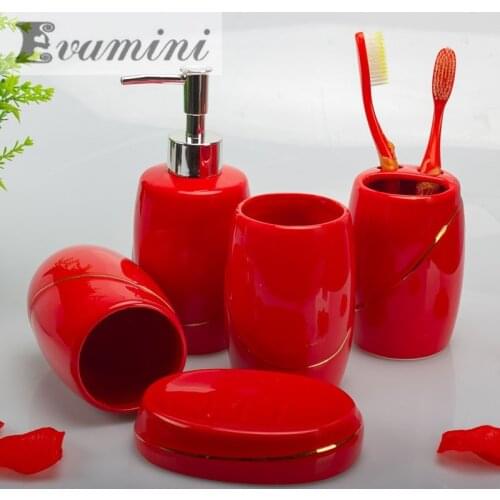 Red Wedding Ceramic Bathroom Accessories Set Bathroom Supplies Kit Toilet Wash Set Soap Dispenser Toothbrush Holder Mouthwash Cu