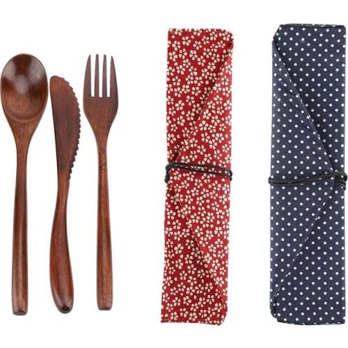 EECOO Reusable Retro Bamboo Cutlery Set Wooden Cutlery Flatware Bags Dinnerware Spoon Fork Chopsticks Portable Dinnerware Set
