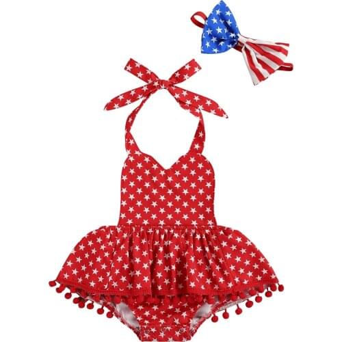 New 2 Pcs Independence Day Outfits, Baby Girl Sleeveless Tie Up Pentagram Print Halter Romper with Pompom + Bowknot Headband