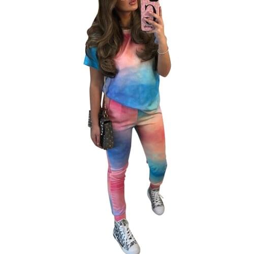 2021 New Women Casual Tie-Dye Clothes Set Female Short Sleeve Round Neck Tops+Pants Fitness Sportwear Casual Outfits