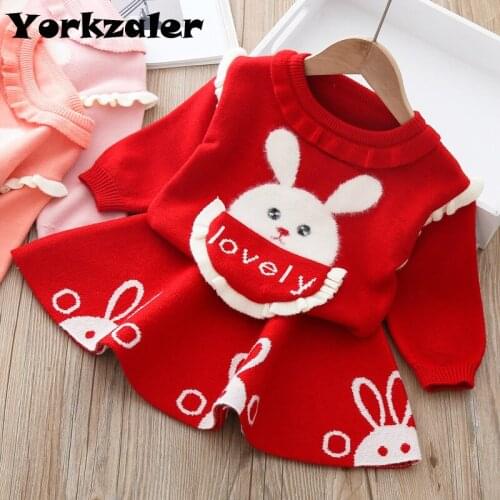 2020 Autumn Knitwear Princess Clothes Set for Girls Rabbit Pullover Sweater + Pleated Skirts 2Pcs Christmas Sweater Set