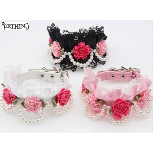 Hot fashion Flower lace pet dog collar with Pearl For Small Animals Soft Leather Adjustable Puppy Cat Collar Harness 3 color