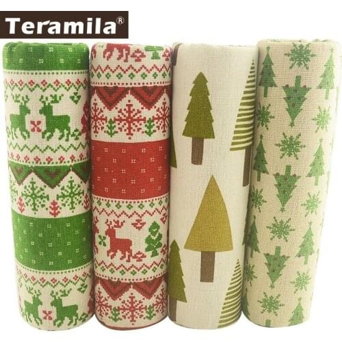 Teramila Merry Christmas Style Cotton Linen Fabric Telas Ankara 4PCS 45x45cm Canvas Tissu Sewing DIY Patches Cushion Curtain Bag
