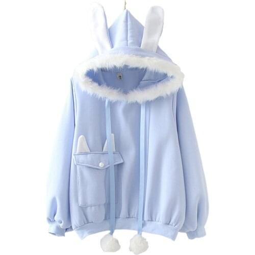 2020 Winter Women Korean Sweet Cute Rabbit Ears Hooded Plus Velvet Hoodies Sweatshirts New Arrival Fashion Pullovers 2010257