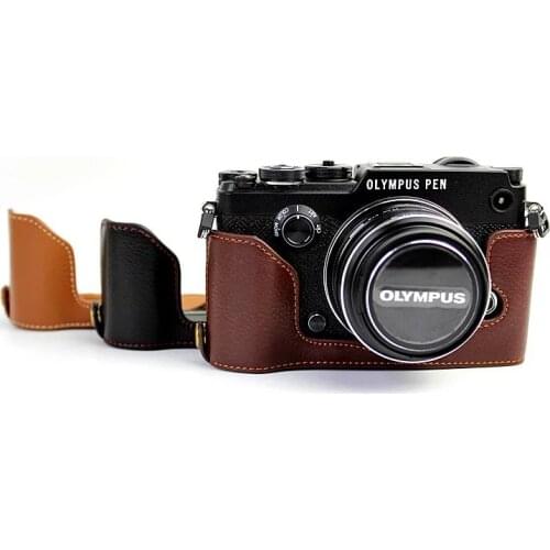 Genuine Leather Hard Half Body Case Grip For Olympus PEN-F PEN F PENF Camera Bag Take Out Battery Directly Case