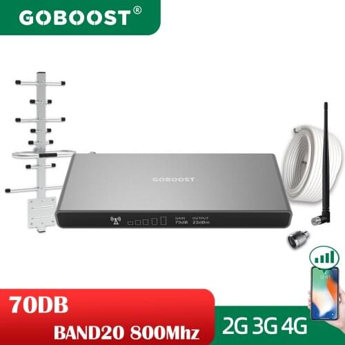 GOBOOST Signal Repeater 4G Cellular Amplifier BAND20 LTE 800 Mhz Network Booster 70DB 2G 3G Mobile Phone Antenna A Set for Home