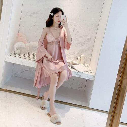 2021 Women Robe Gown 2Pcs Sets Satin Pajamas Embroidery Lace Trim Ladies Sexy Red Homewear Nightdress With Chest Pads