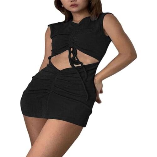 Xingqing Women’s Hollow-out Dress Personality Summer Solid Color Drawstring Tight Dress High-waist Slim Wrap Hip Dresses