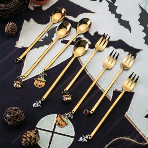 2020 Halloween Stainless Steel Spoon and Fork Set Dessert Fork Coffee Spoon Tableware Decoration for Tea Halloween Party