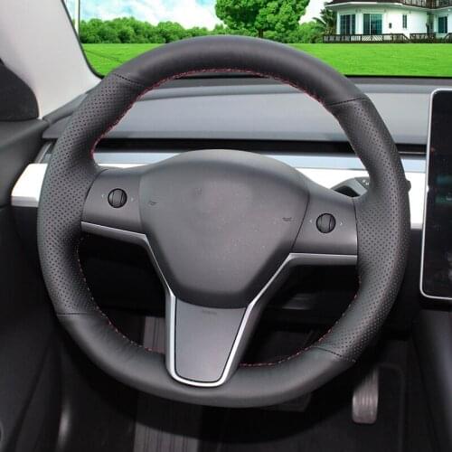 Car hand sewing leather steering wheel cover for Tesla Model 3 handle cover