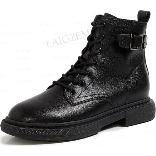 LAIGZEM Genuine LEATHER Ankle Boots Low Heels Side Zip Comfortable Basic Ladies Dress Women Shoes Botas Mujer Size 34 37 38 40
