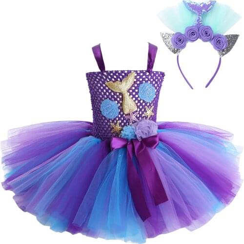 Girls Mermaid Tail Scallop Starfish Applique 3D Flower Sleeveless Mesh Tutu Dress Princess Dress Up Kids Cosplay Costume Outfit