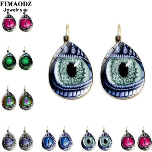 FIMAODZ Punk Evil Dragon Eye Teardrop Earrings Animal Eyes Vintage Picture Glass Gem Women Charm Earring Jewelry