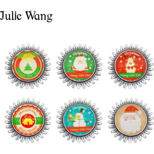 Julie Wang Christmas Brooch Pins Alloy Sun Flower Setting Round Glass 25mm Cabochons Santa Claus Tree Bell Jewelry Xmas Gift