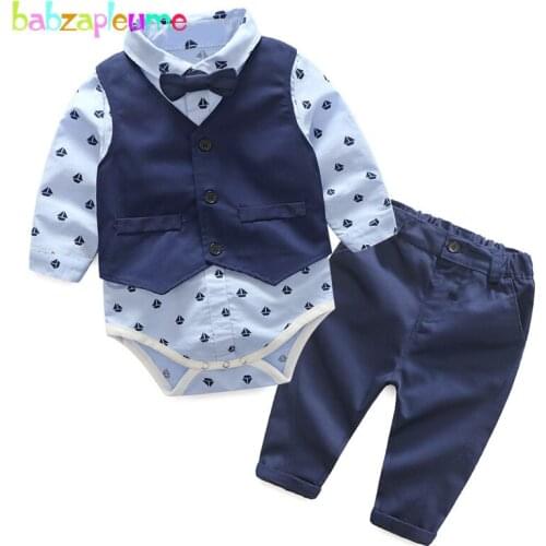 Babzapleume Spring Autumn Newborn Clothes Gentleman Fashion Baby Outfit Boys Suit Vest+Rompers+Pants Infant Clothing Sets BC1419