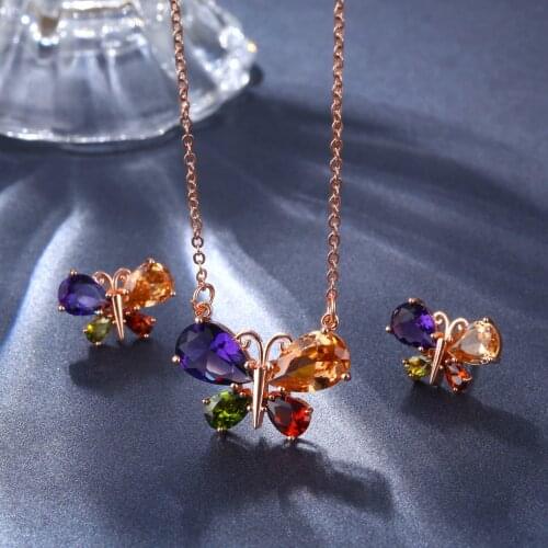 Cute Butterfly Big Rainbow Crystal Bride Jewelry Set Gold Color Animal Drop Earrings & Necklace Sets For Women Birthday Gift