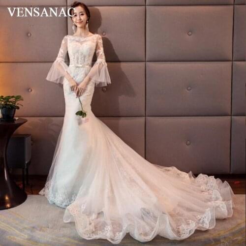 VENSANAC Illusion O Neck Lace Appliques Court Train Mermaid Wedding Dresses Bow Sash Flare Sleeve Backless Bridal Gowns