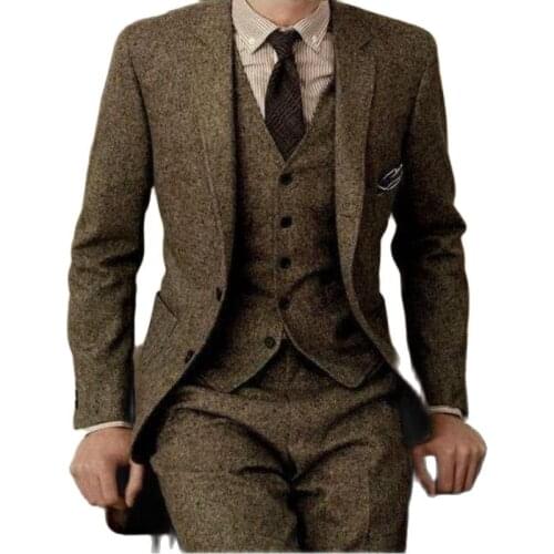 Brown Winter Tweed Fabric Man Work Business Suits Slim Fits Handsome Groom Tuxedos Prom Party Coat Waistcoat Trousers Sets