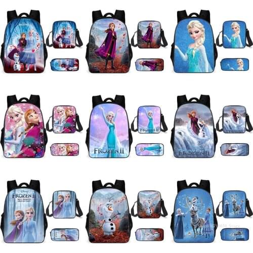 3 Piece Set Disney Backpack Anime Frozen Elsa Anna Olaf School Bag Cartoon 40cm Shoulder Bag Pencil Bag Children Toys Backpack
