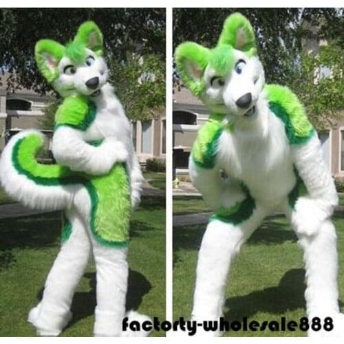 NEW Green Husky Dog Mascot Costume Xmas Long Fur Fox Parade Suit Cosplay Cartoon Halloween Unisex