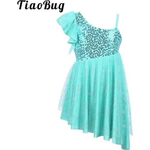 TiaoBug Kids Girls Sequins One-Shoulder Irregular Ballet Tutu Gymnastics Leotard Dress Children Skating Lyrical Dance Costumes