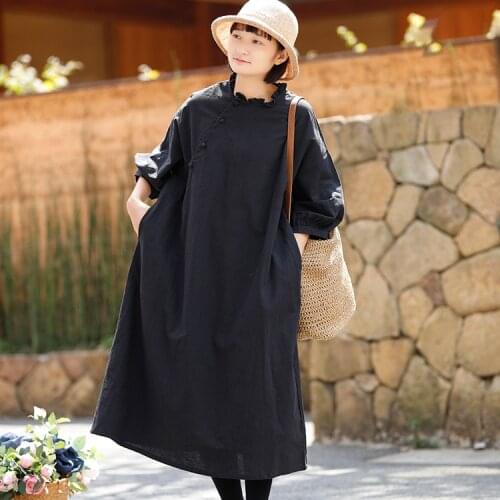 Women Solid Color Cotton Linen Plus Size Dress Ladies Vintage Loose Three Quarter Sleeve Dresses Female 2020 Spring Robe Dress