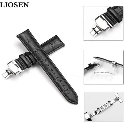 LIOSEN Genuine Leather Watch Strap With Butterfly Buckle Black Brown watchbands 18 19 20 21 22 24 mm