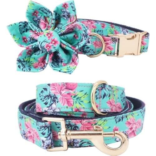 Blue floral girl dog collar dog flower and leash set for pet dog cat with rose gold metal buckle