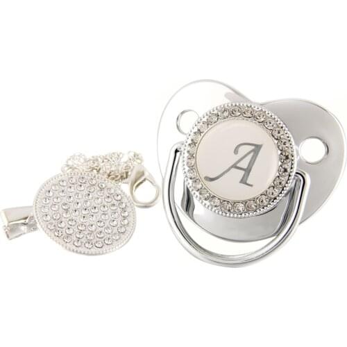 Initial Letters Bling Baby Pacifier Silver 26 Letter Silicone Pacifiers with Rhinestone Pacifier Clip Infant Nipple Shower Gift